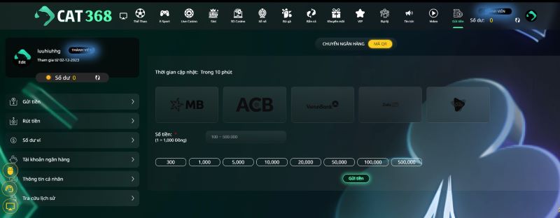 Giao diện nạp tiền cat368 thông qua mã QR